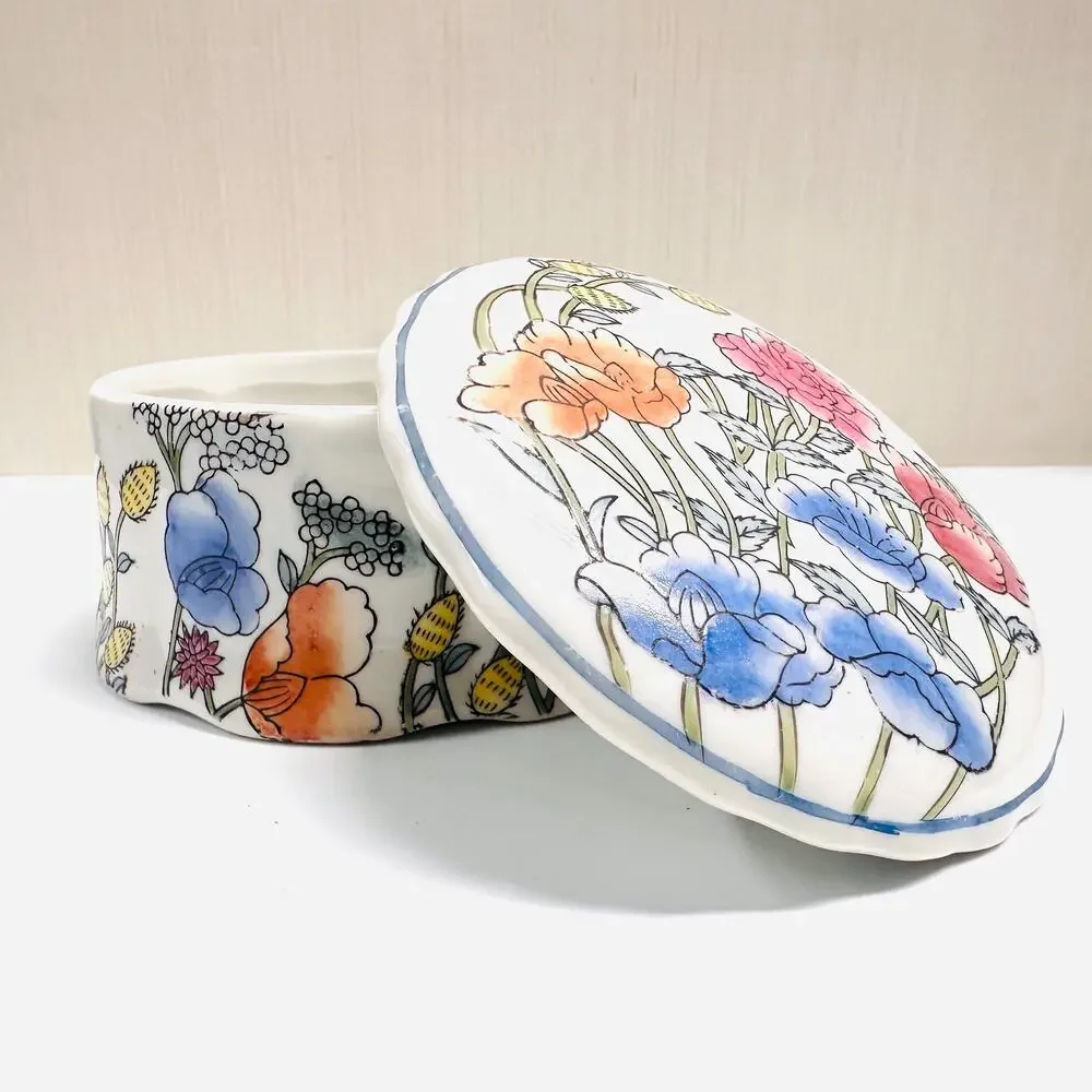 Vintage Floral Asian Trinket Jewelry Storage Box Lidded